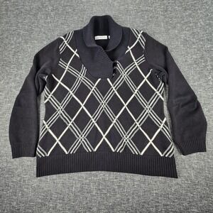 Liz Claiborne Womens Argyle Sweater XL Shawl Collar Button Neck Cotton Black